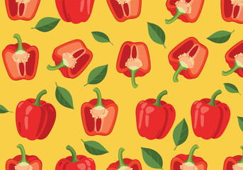 Fototapeta premium A vibrant red bell pepper pattern with fresh green leaves scattered across a sunny yellow background.