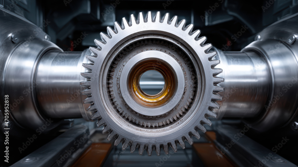 Poster powerful gear for renewable energy infrastructure. precise machine part showing importance of fundin