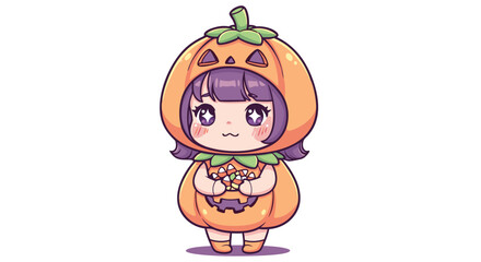 Adorable cartoon girl in a vibrant pumpkin costume joyfully holding a basket of candies, perfect for autumn festivities and whimsical Halloween-themed designs