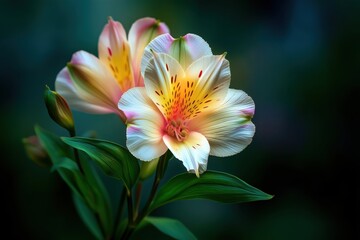Fototapeta premium Peruvian Lily's Delicate Dance: Capture the delicate beauty of Peruvian lilies, showcasing their intricate petals in vibrant hues of yellow and orange, against a dark and calming backdrop.