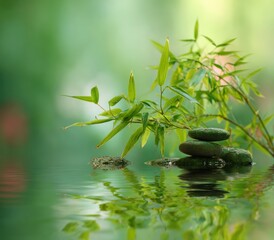 Peaceful scene showing stacked stones and bamboo sprigs reflected in rippling water against a soft-focus green background