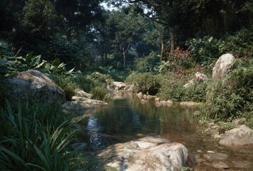 Lush, serene scene. A tranquil creek flows amid verdant foliage, stones, and vibrant flowers, creating a peaceful & wild natural escape