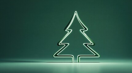 Neon green Christmas tree outline with bright glowing lines and triangular shape against deep textured green background, modern festive decor with reflective ground shadow
