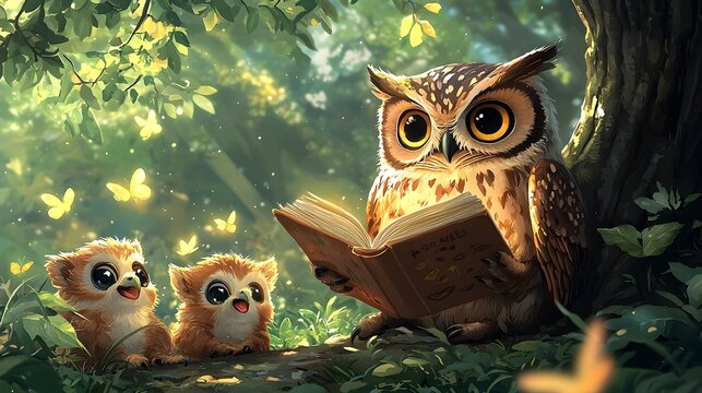 An adult owl reads a storybook to two adorable owlets in a magical sun d d forest