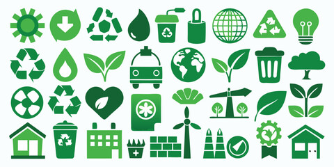 Green Eco Icons Representing Sustainability and Environmental Awareness, Showing Renewable Energy, Recycling, and Conservation Efforts for a Cleaner Future