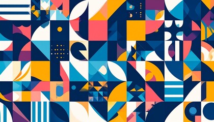 Obraz premium Colorful geometric pattern with squares, triangles, and circles.