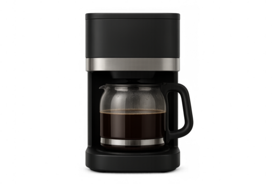 Black coffee machine brewing fresh coffee on transparent background