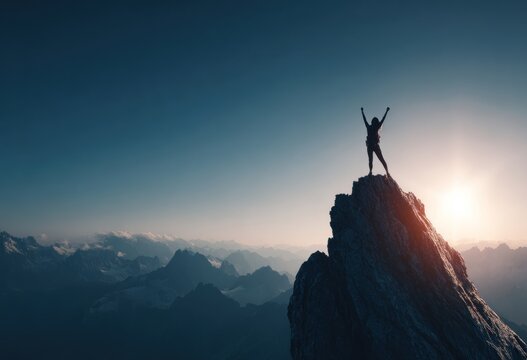 Silhouette of a triumphant figure atop a rocky peak, arms raised, silhouetted against a sunlit sky with distant snow-capped mountains - Powered by Adobe