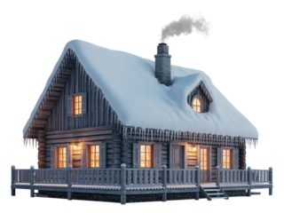 Cozy Wooden Winter Cabin with Snow-Covered Roof, Front View PNG