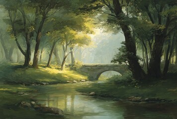 Serene landscape showing a creek running under a stone bridge in a lush forest. Sunlight filters through the trees, illuminating the idyllic scenery