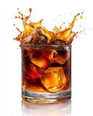 A glass of dark liquid with ice cubes, creating a splash effect, captured against a clean white backdrop with reflective surface
