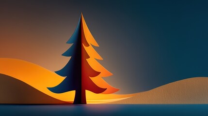 Paper craft scene with 3D Christmas tree made of blue and orange paper pieces against warm orange to deep blue gradient sky with paper hills in foreground and background