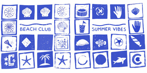 Collection of blue and white summer beach club and vibes icons and symbols