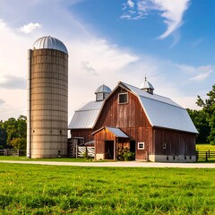 Rustic red barn with silo, sunny day