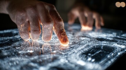 Obraz premium Human hand interacting with futuristic digital interface, exploring data visualization with glowing effect
