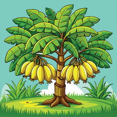 Cartoon Banana Tree Bearing Fruit Lush Greenery and Serene Skies A Vibrant and Detailed Nature Illustration