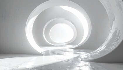 Obraz premium Abstract white tunnel with circular openings and bright light at the end.
