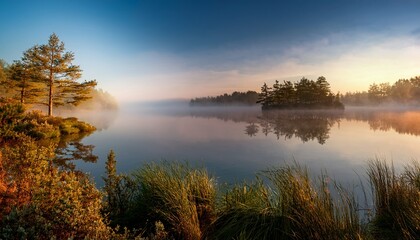 Fototapeta premium A Serene Lake Scene At Dawn With A Mist Rising