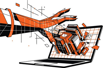 Hand reaching out of a laptop screen to grab a stack of books computer