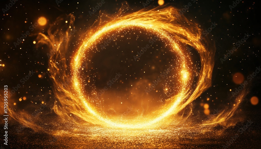 Poster shimmering gold circle with sparkling dust and glittering particles: realistic ring or swirl frame w