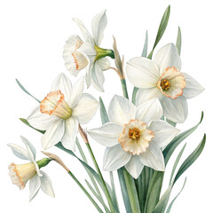 Fototapeta premium Watercolor white daffodils floral illustration isolated on a transparent background flowers