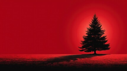 Dramatic conifer tree silhouette against intense red background with elongated shadow, strong visual contrast and theatrical lighting