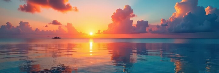 Fototapeta premium Vibrant sunrise paints Maldives sky, reflecting on calm ocean , yellow, pink, sun
