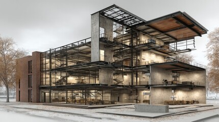 Architectural Illustration of a Modern Building with Detailed Interior View