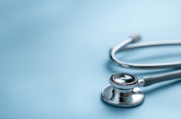 Stethoscope on a blue surface. Medical instrument for listening to internal sounds, used by doctors and healthcare professionals. Clinical tool