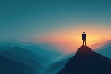 A lone figure stands silhouetted atop a jagged peak, gazing at a gradient sky and layered mountain ranges bathed in warm orange and cool blue tones