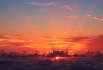 Fototapeta premium Fiery sunset hues paint clouds, sun rays pierce vibrant sky, serene, color