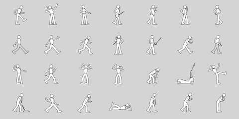 Collection of simple line drawing human figures in various poses and actions on a gray background