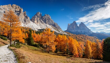 A Majestic Autumn Landscape Featuring The Dolomites Characterized By Imposing Rocky Peaks And A Clear Blue Sky With Scattered Clouds The Foreground Is Filled With Vibrant Orange Larch Trees Contras