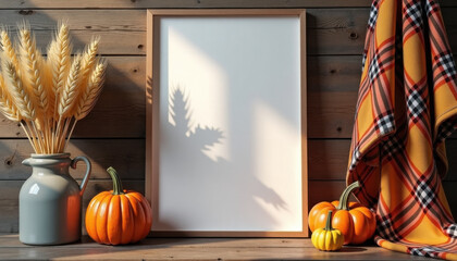 Thanksgiving sale. Rustic frame with pumpkins and wheat on wooden wall