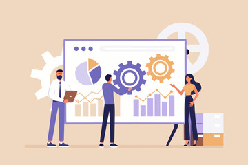 Business team collaborating on a presentation with charts and gears symbolizing teamwork and strategy