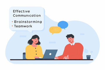 Two colleagues collaborating on a laptop discussing effective communication brainstorming and teamwork ideas