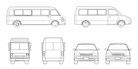 Collection of line art vehicle silhouettes showing side front and rear views of buses and cars © Sunil123