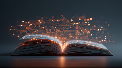 Glowing Open Book with Digital Data and Abstract Learning Network.
