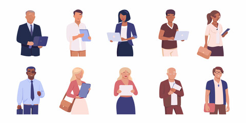 Diverse group of professionals holding laptops tablets and phones in a flat design style