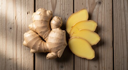 Fresh Ginger Root and Slices on Wooden Surface Natural Food Ingredients