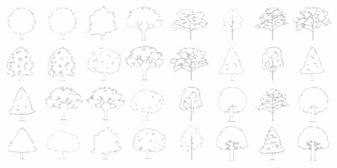 Collection of diverse hand drawn tree outlines in various shapes and styles for design elements