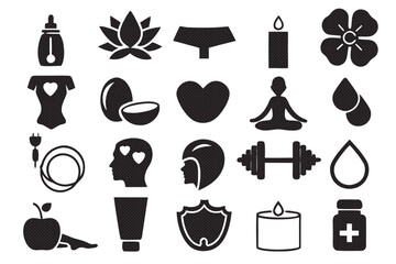 Collection of wellness and selfcare icons in black and white isolated