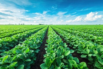 Verdant field of crops, showing rows stretching to the horizon under a bright blue sky with wispy clouds, showcasing nature's beauty and agricultural abundance