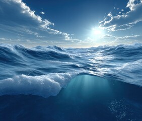 Ocean view bright sun piercing blue waters with fluffy clouds above. Waves crash, sunlight beams underwater, creating a serene aquatic scene