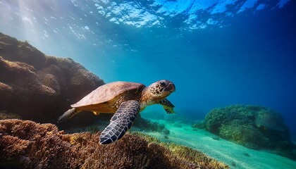 Obraz premium A Dramatic Shot Of An Endangered Sea Turtle Gliding Through Clear Ocean Waters In A Cozy Setting