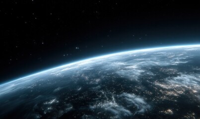 Obraz premium A stunning view of Earth from space, showing clouds and the curvature of the planet against a dark, starry backdrop