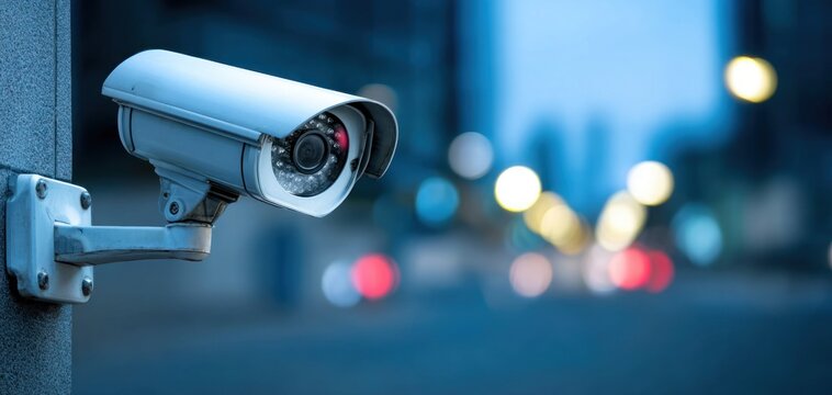 Security camera mounted on a wall, overlooking a city street with blurred lights at night. Blue tones