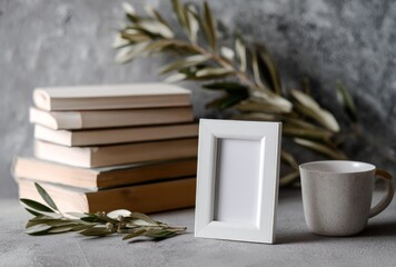 A cozy still life blank frame, stacked books, mug, and olive branch on grey textured surface. Serene, neutral colors and soft light create peaceful ambiance