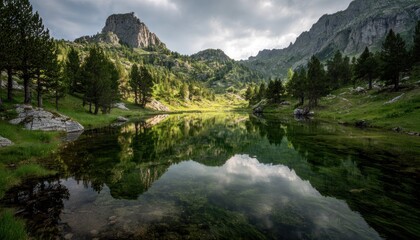 Serene mountain lake mirroring a craggy peak under a partly cloudy sky. Lush green vegetation surrounds the tranquil waters