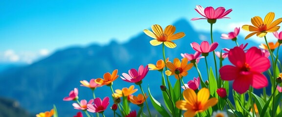 Delicate paper cut spring flowers, vibrant hues, against a serene blue mountain backdrop,   pretty,  pastel
